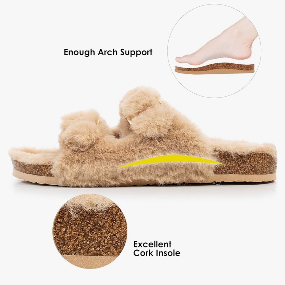 NEW ~ FITORY Women’s Tan/Beige Faux Rabbit Fur Cork Slide Sandals ~ size 8.5 - Picture 4 of 8